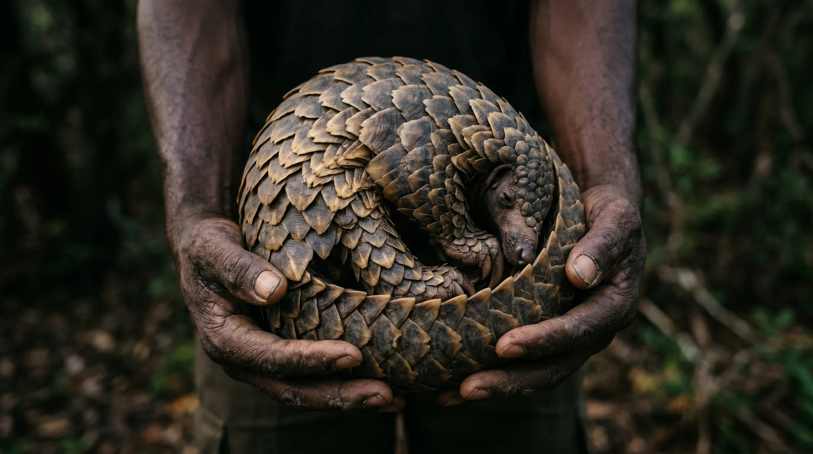 A ranger's hands cradle a curled pangolin, its scales catching the forest light