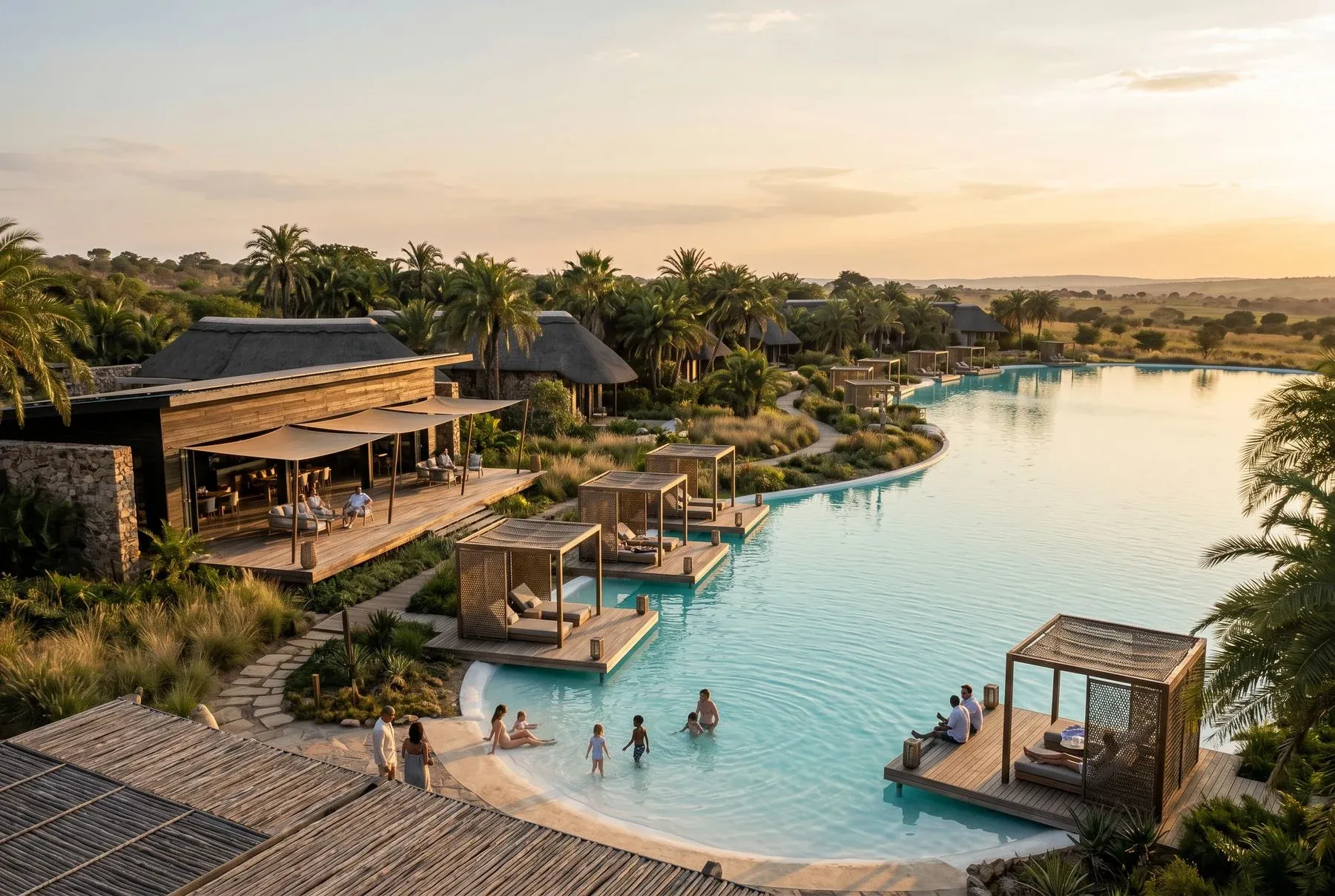 Concept render of a lagoon-anchored resort at golden hour: thatched pavilions and timber decks around turquoise water