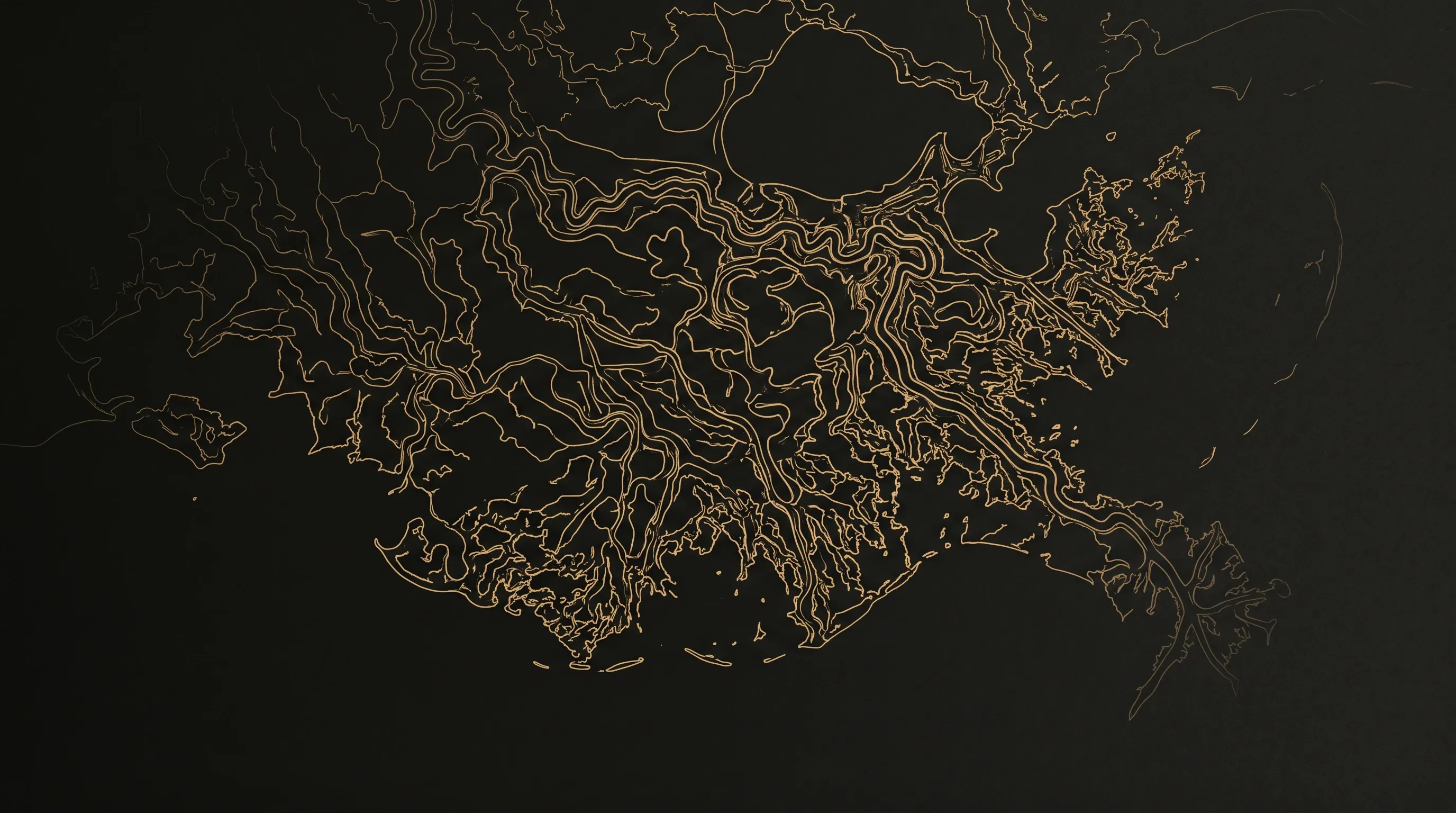 Gold contour lines trace river valleys and terrain across a dark ground, in the manner of a survey map