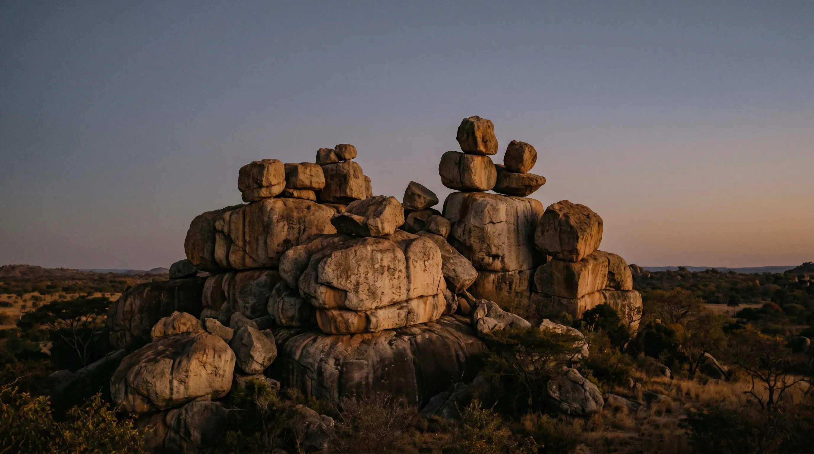 Balancing granite boulders of the Matobo Hills at dusk, bush stretching to the horizon